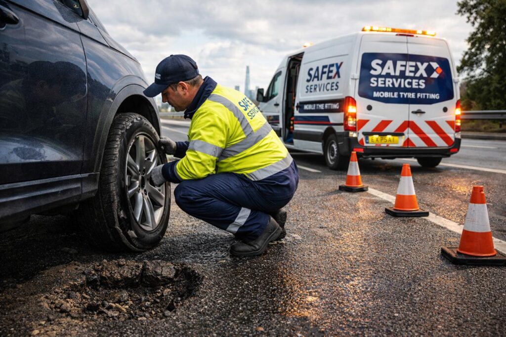 man fixing car tyre